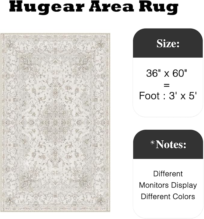 3x5 Entryway Area Rug Vintage Beige Small Rug Machine Washable Door Mat Neutral Floral Low Pile Carpet Vacuumable Thin Throw Rug Entrance Kitchen Bedroom Bathroom Non Slip Lightweight