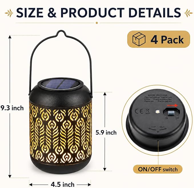 LeiDrail Solar Lanterns Outdoor Waterproof, 4 Pack Hanging Solar Lanterns with Feather Pattern, Metal Decorative Garden Lights, Warm White LED Solar Lights for Patio Yard Table Pathway Party Decor