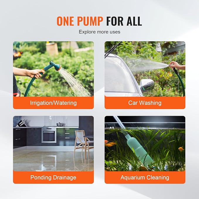 VEVOR Water Transfer Pump 12V, Battery Powered Utility Pump 360 GPH, 1/10HP Portable Electric Water Pump with Switch, 6 ft Suction Hose Kit, For Water Removal, Nonsubmersible