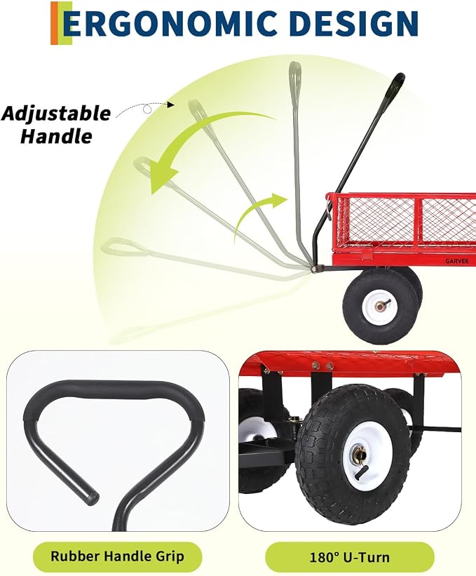 Garvee Versatile Outdoor Utility Cart - 400LBS Heavy-Duty, 10" All-Terrain Pneumatic Tires, Easy Maneuverable Lawn Cart with Removable Mesh Panels for Gardening & Landscaping,Red