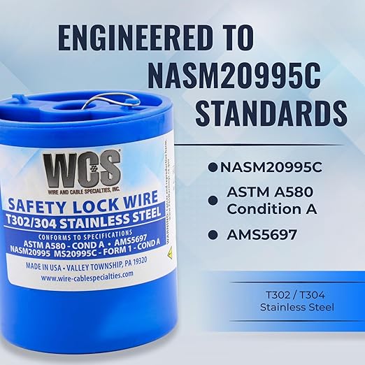 WCS .063 Stainless Steel Safety Lock Wire, T302/304, NASM20995C MS20995C, ASTM A580 Condition A, AMS569, Mechanics Wire for Aircraft, Automotive, & Industrial Use, 1lb Dispenser Can, Approx 93 ft