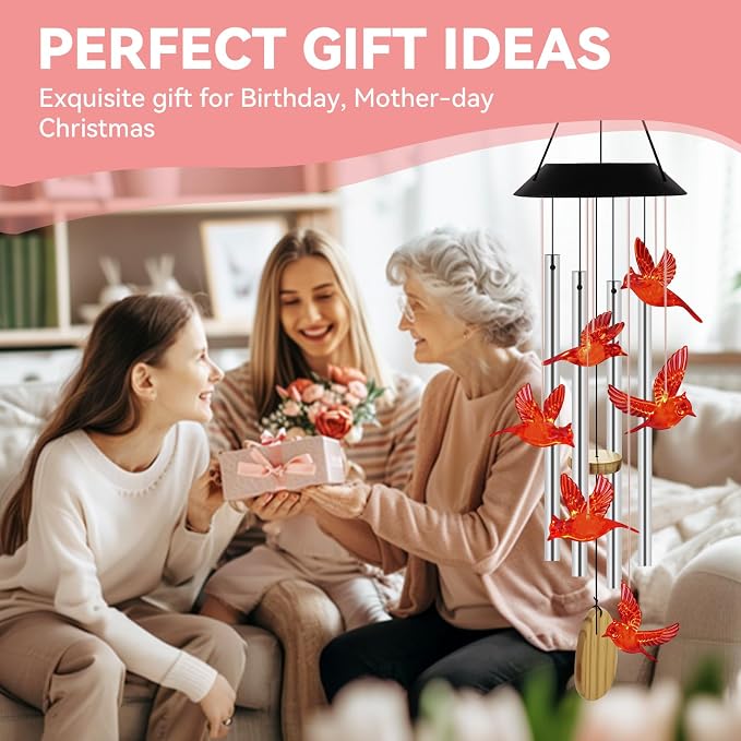 Wind Chimes for Outside, Solar Lights Outdoor Waterproof, Color Changing Cardinal Light for Yard, Outdoor, Patio, Garden Decor, Wind Mobiles Gardening Gifts for Women, Mom, Wife, Red Cardinal