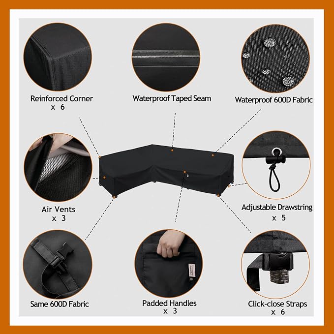 Heavy Duty Outdoor Sectional Sofa Cover, 83"X104" Waterproof 600D Patio Sectional Couch Cover, Lawn Patio Furniture Cover (Midnight Black, L-Shaped-Left Facing-83 x104)