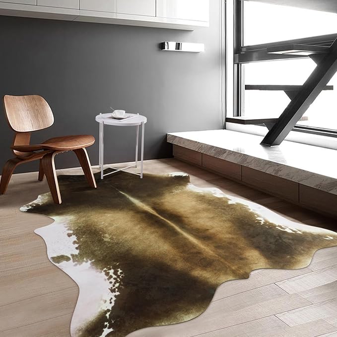 Large Washable Non Slip Faux Cowhide Rug 6x7 Brindle and White, Speckled Cow Print Area Rugs for Living Room, Cruelty-Free Animal Skin Carpet, Western Rustic Room Decor Aesthetic
