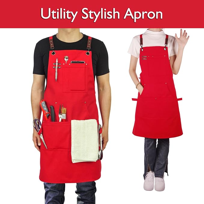 Kitchen Apron, Work Apron, Canvas, Multiple Pockets, Gardening, Painting, BBQ, Artist, Carpenter, Sizes M to XXL, Red | Multiple Pockets, Gardening, Painting, BBQ, Artist, Carpenter, Sizes M to XXL