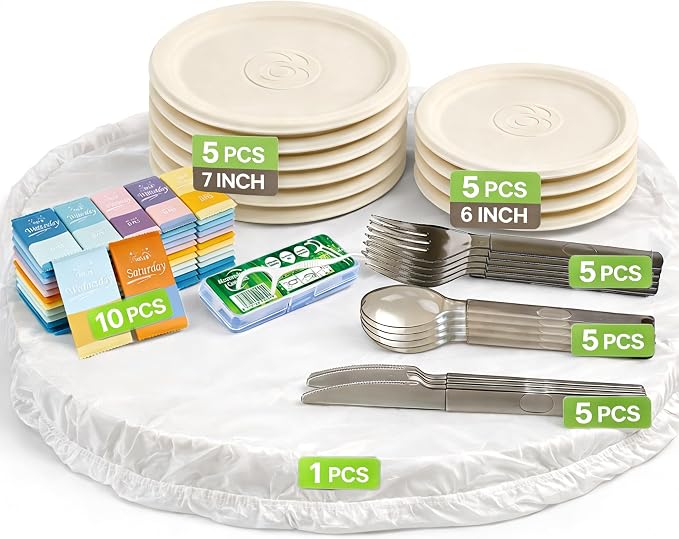 Disposable Picnic Kit for 5 – Lightweight Outdoor Dinnerware Set with Plates, Plastic Cutlery, Wet Wipes & Drawstring Table Cover, Portable Picnic Supplies for Park, Beach & Camping (5)