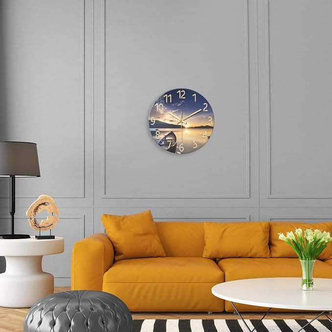 Round Glass Wall Clocks Battery Operated 14 Inch | Sunset Wall Clock for Bedroom Living Room Kitchen Office Silent Wall Clock Non Ticking