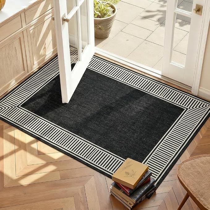 GarveeHome Washable 2x3 Entryway Area Rug Modern Solid Living Room Rugs | Non Slip Small Door Mat Bedroom Small Rugs Bordered Mat for Bathroom Kitchen Nursery, Black