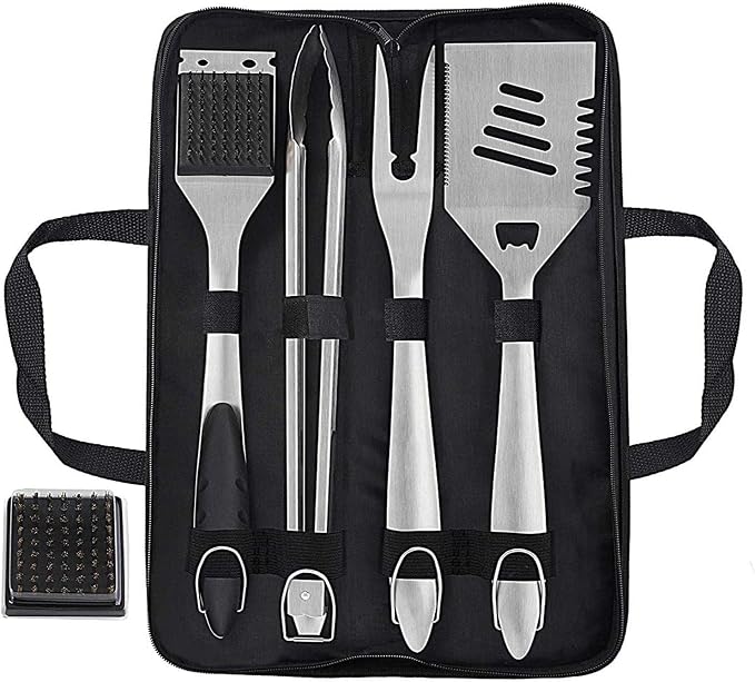 grilljoy 8PCS BBQ Grill Tools Set with Extra Thick Stainless Steel Spatula, Fork, Tongs & Cleaning Brush - Complete Barbecue Accessories Kit with Portable Bag - Perfect Grill Gifts for Father's Day