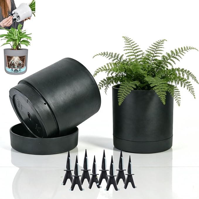 GreenShip Planter Set of 2 (9.8" & 7.8") – Dual-Use Self-Watering or Traditional Indoor Cylinder Flower Pots with Saucers & Side Drainage – Durable Lightweight Clay & Resin Blend