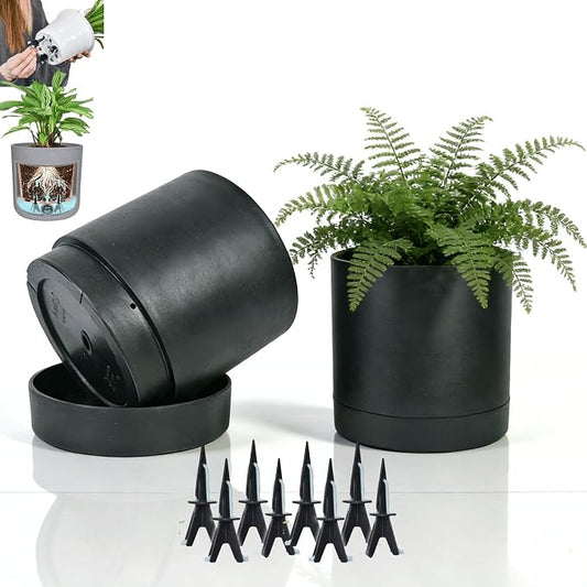 GreenShip Planter Set of 2 (9.8" & 7.8") – Dual-Use Self-Watering or Traditional Indoor Cylinder Flower Pots with Saucers & Side Drainage – Durable Lightweight Clay & Resin Blend