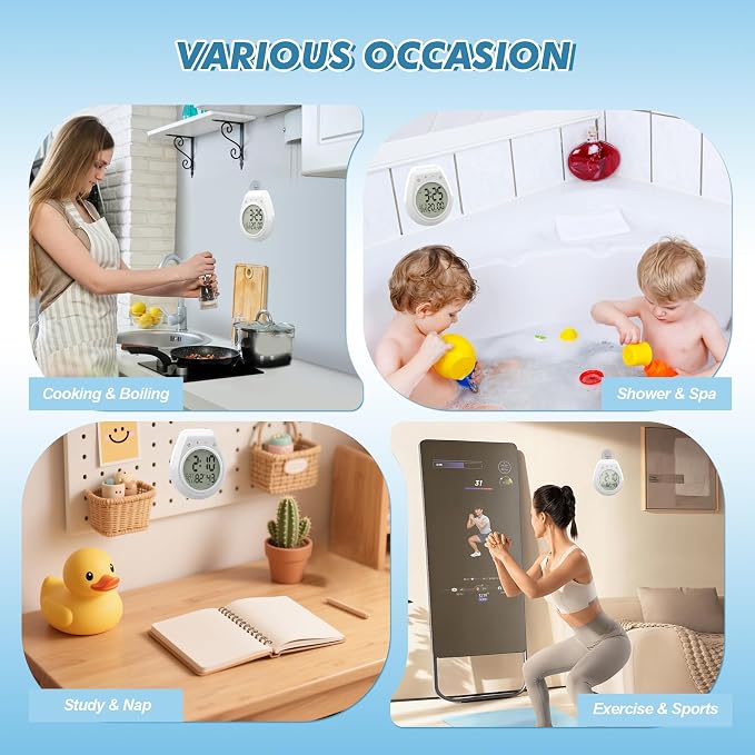 Shower Clock w/Timer Waterproof, Digital Bathroom Wall Clock w/Temperature | w/Date, Suction Cup, for Mirror, Bath, Kitchen, Battery Operated, White