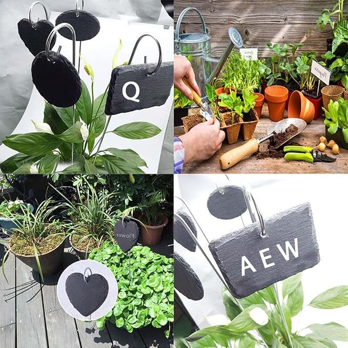 Slate Plant Labels Garden Markers Signs Labels with Stainless Steel Stake & Marker Pen Waterproof Slate Plant Labels for Flowers, Herbs, Potted Plants, Seed (Round, 10PCS)