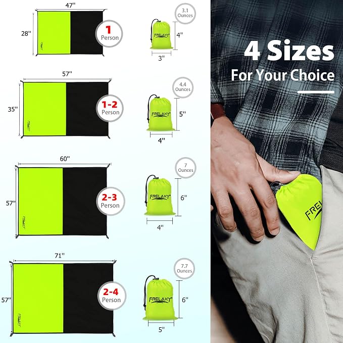 Frelaxy Pocket Picnic Blanket, Waterproof Sandproof Beach Mat, Compact Camping Tarp for Festivals, Hiking, Travel, Outdoor Recreation (Neon Green & Black, 57'' x 71'')