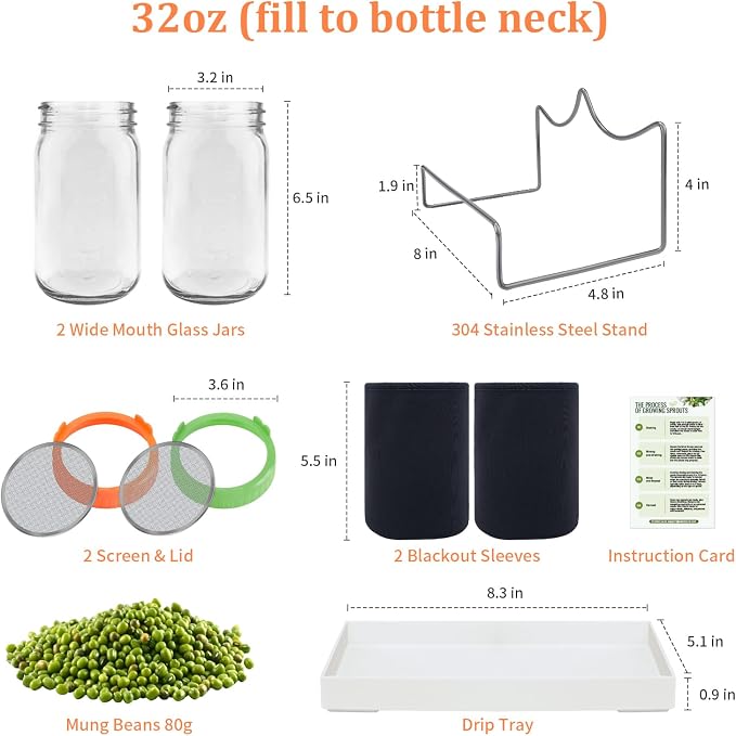 Seed Sprouting Kit with Mung Beans 80g, 2 Large Wide Mouth Mason Jars with Sprout Lids, Blackout Sleeves, Drain Tray, Stainless Steel Stand, Sprouts Growing Kit for Growing Bean Alfalfa Sprout Seeds