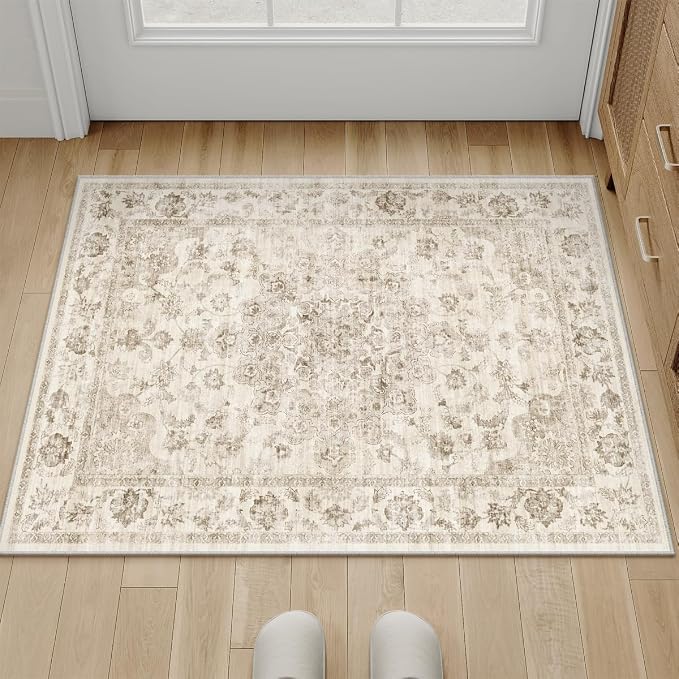 2x3 Beige Neutral Area Rug | Washable, Non Slip, Soft Low Pile, Vintage Farmhouse, for Entryway Kitchen Bathroom Living Room Bedroom Indoor Home Decor