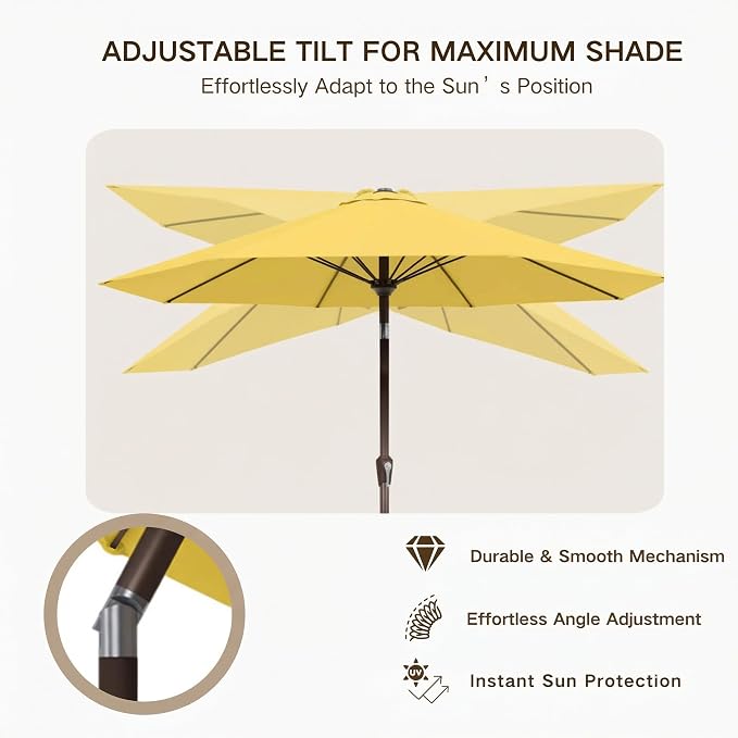 Kingdura 9FT Outdoor Patio Umbrella, Round Market Table Umbrella with Push‑Button Tilt and Crank Lift, 8 Sturdy Metal Ribs, UV50+ Protection Canopy for Backyard, Lawn, Deck, Poolside, Garden (Yellow)