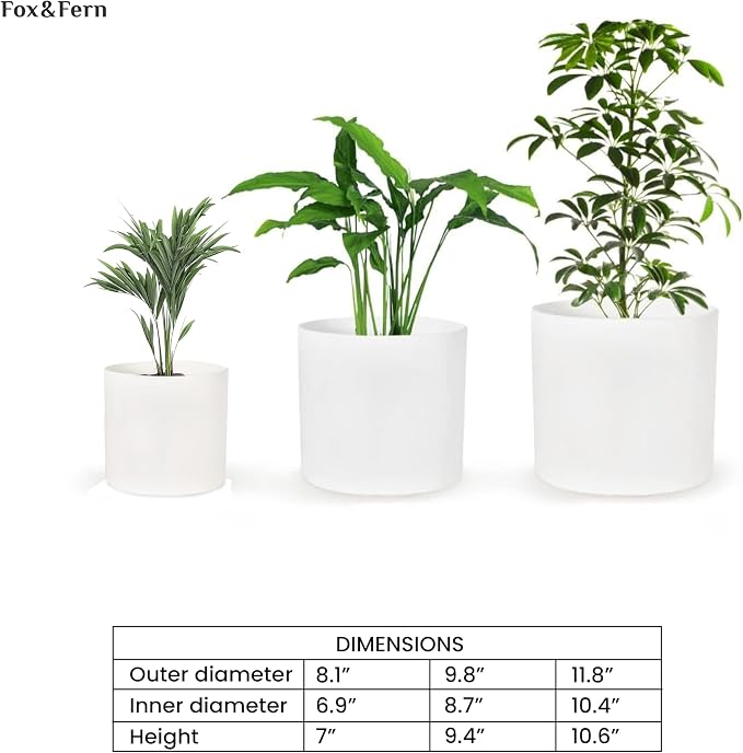 Fox & Fern Large Indoor Planter, Modern Large Plant Pot for Indoor or Outdoor, UV and Frost Resistant - Set of 3: 8, 10, 11.8 Inch, Fiberstone, White Flower Pot with Drainage Plug, Lightweight