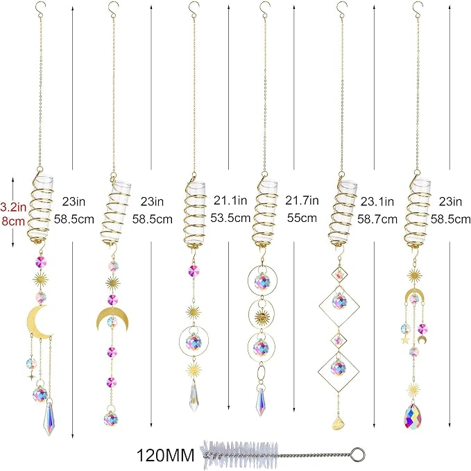 HDCRYSTALGIFTS 6Pcs Crystal Suncatchers with Propagation Stations,Glass Wall Planters for Indoor Plants Hydroponics - Propagation Tubes Jars with Sun Catchers Metal Chain for Home Whimsical Decor