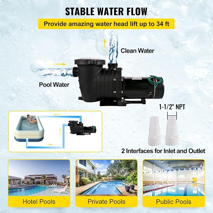 VEVOR 1HP Swimming Pool Pump, Dual Voltage 110V/220V, Circulates 5544GPH for Efficient Water Movement Above Pools, Includes Strainer Basket & Two 1-1/2'' NPT Connectors