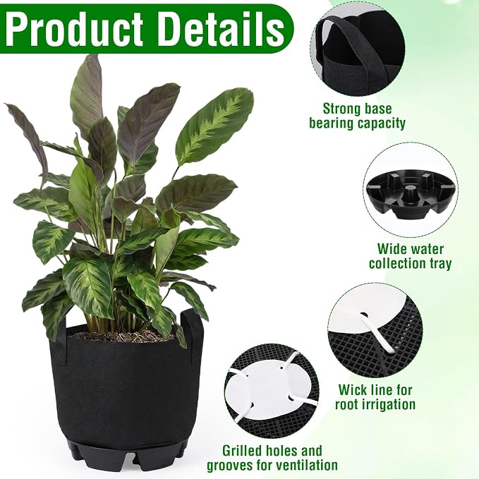 Jingmore 6 Set 5 Gallon Grow Bag Self Watering Fabric Pot Base Automatic Watering System Plant Nonwoven Grow Bag Handle Plant Saucer Elevate Flower Tray for Garden Indoor Outdoor Greenhouse (Black)