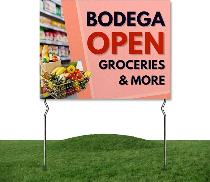 Bodega Open - Groceries & More! Yard Sign by DC | 24"x18" Double Sided Conv. Store Garden Sign with 13” Metal Stakes | Outdoor Signs Waterproof for Lawn, Patio, Sidewalk & House | Set of 1