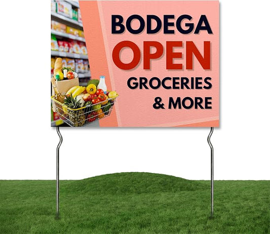 Bodega Open - Groceries & More! Yard Sign by DC | 24"x18" Double Sided Conv. Store Garden Sign with 13” Metal Stakes | Outdoor Signs Waterproof for Lawn, Patio, Sidewalk & House | Set of 1