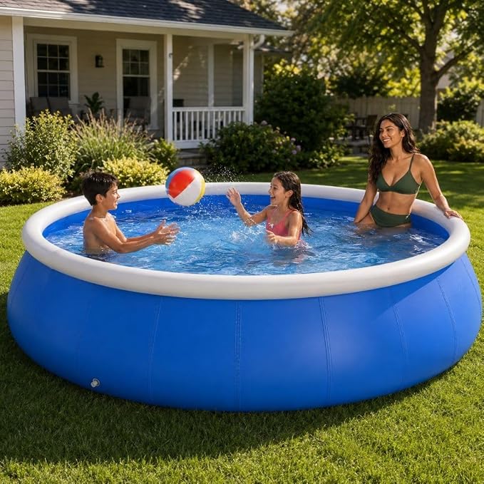 Large Inflatable Pool, 10 ft x 30 in (305 x 76 cm), Blue and White Round 3-Ply Laminated Mesh PVC Backyard Swimming Pool for 4-6 People, Foldable Kiddie Pool for Family Summer Fun