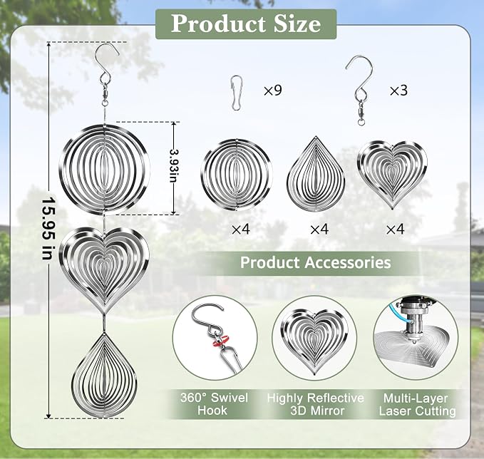 CHONOVO Stainless Steel Reflective Device, Round Bird Devices Set Highly Reflective 3D Wind Spinners Outdoor Garden Decor for Outside Window Roof Yard Orchards 12 Discs 4 Pcs