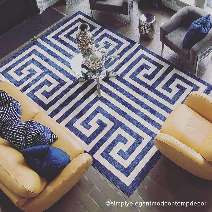 Unique Loom Athens Collection Classic Geometric Modern Border Design Area Rug (8' 0 x 11' 4 Rectangular, Navy Blue/ Beige)