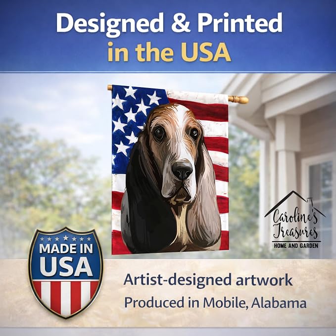 Caroline's Treasures CK6717CHF Southern Hound Dog American Flag House Flag Large Porch Sleeve Pole Decorative Outside Yard Banner Artwork Wall Hanging, Polyester, House Size, Multicolor