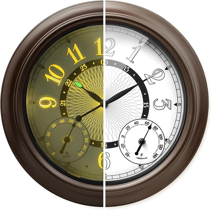 Pytha Sight Illuminated Large Metal Outdoor Clocks Waterproof 18 Inches With AI Auto Light Smart Sensor,Extra Big Indoor Outdoor Wall Clocks With Thermometer & Hygrometer for Patio, Pool, Garden,Porch