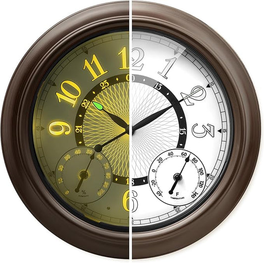 Pytha Sight Illuminated Large Metal Outdoor Clocks Waterproof 18 Inches With AI Auto Light Smart Sensor,Extra Big Indoor Outdoor Wall Clocks With Thermometer & Hygrometer for Patio, Pool, Garden,Porch