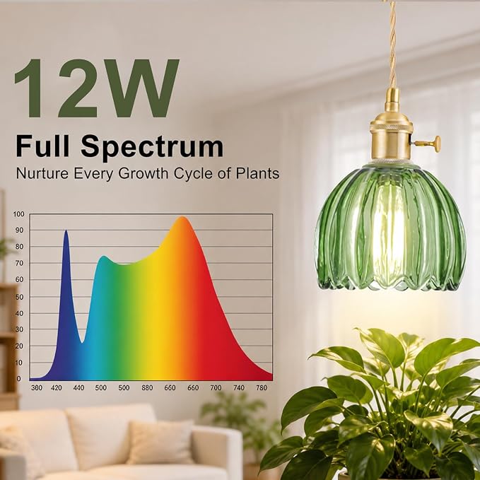 Hanging Grow Lights for Indoor Plants, 12W Full Spectrum 98+ CRI Grow Lamp, Dual CCT 3000K/4000K, Dual Switches, Pulley Height Adjustable, 13.12FT Cord, Petal Glass Plant Light for Indoor Flowers