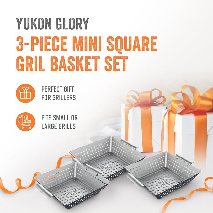 Yukon Glory 3-Piece Square Grill Basket Set | Stainless Steel BBQ Baskets with Protective Pads | Vegetables, Fish & Shrimp | RUST-PROOF | Dishwasher Safe | Gas, Charcoal & Campfire