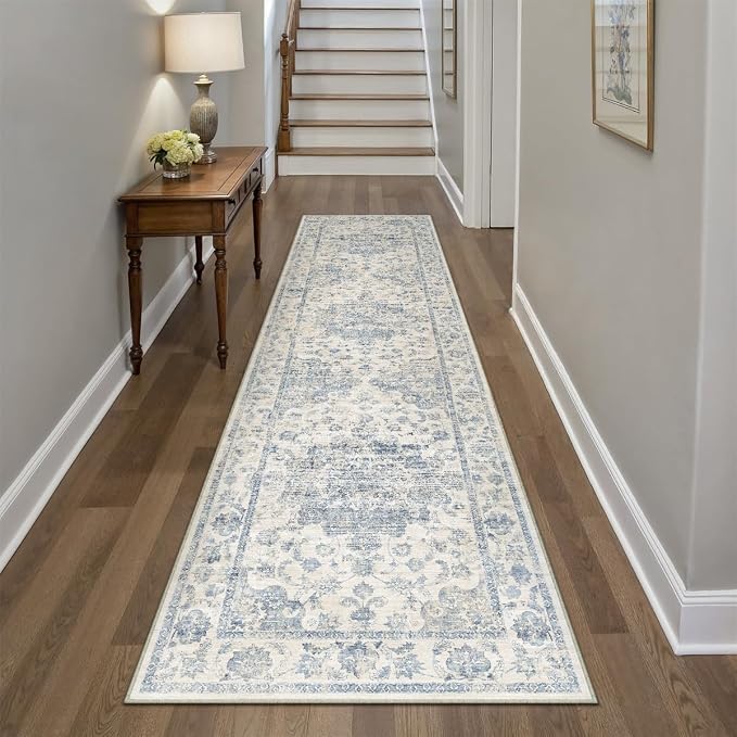 2x8 Blue Neutral Runner Rug | Washable, Non Slip, Soft Low Pile, Vintage Farmhouse, for Hallway Kitchen Laundry Bathroom Bedroom Living Room Home Decor