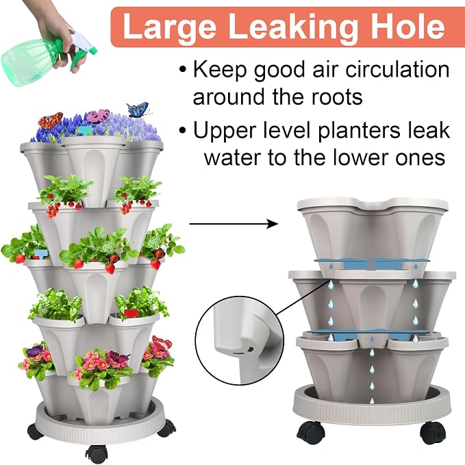 DUNCHATY Stackable Planter, Vertical Garden Planter with Wheels and Tools, Self Watering Strawberry Planter Indoor/Outdoor 3 Tier Herb Planter Pots for Growing Vegetables and Succulents,Gray