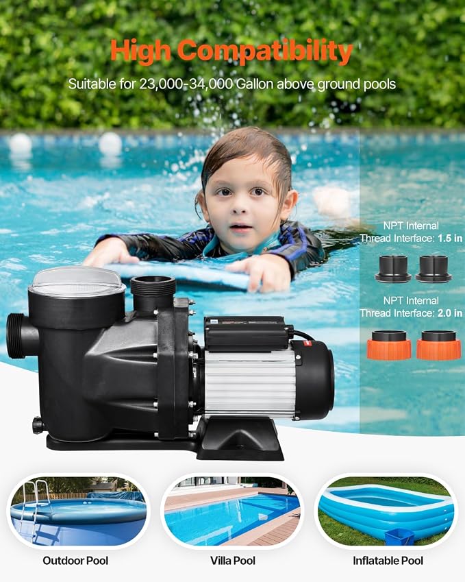 VEVOR Above Ground Pool Pump, 1.5HP, Self Priming Single Speed Swimming Pool Pump, 220V 3450 RPM 55 ft Max Head Lift with PP Shell Strainer Basket, 122°F Max Water Temp, for Hot Tubs Spas, No Plug