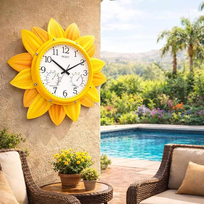 OCEST 24 Inch Outdoor Wall Clock, Waterproof Sunflower Clock with Thermometer & Hygrometer, Silent Non-Ticking Metal Petal Design for Patio, Garden, Pool, Garage