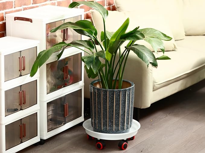 4 Packs 15.7 Inches Extra-Large Plant Caddy Plant Saucers on Wheels Rolling Plant Stands Heavy-duty Plant Dolly Plastic Planter Roller Base Pot Movers Outdoor Plant Tray Coaster, Clear white