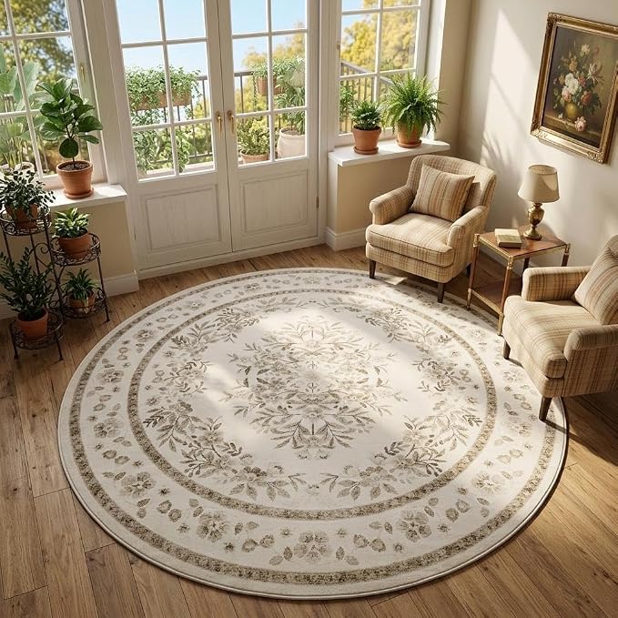 GarveeHome 5ft Floral Round Rug for Nursery Vintage Floral Throw Rugs | Leaf Flower Botanical Bedroom Carpet for Living Room Low Pile Non-Slip Machine Washable Beige Area Rug for Laundry Dining