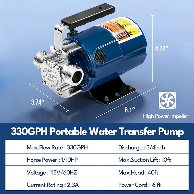Portable Electric Water Transfer Pump, 115V 1/10HP 330GPH Garden Pump with On/Off Switch Suction Hose Kit for Low Suction Pumping from Garden Pool Aquarium Hot Tub Rain Barrel Water Bed