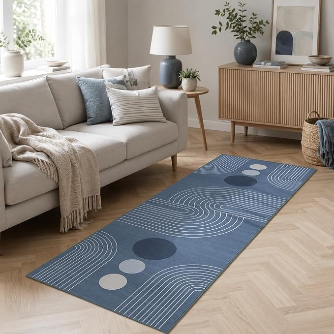 Boho Runner Rug 2x6 Modern Geometric Abstract Rug for Hallway Kitchen Bedroom Dusty Blue Mid Century Modern Runner Machine Washable Non-Slip Printed Low-Pile Long Floor Carpet for Bathroom Laundry