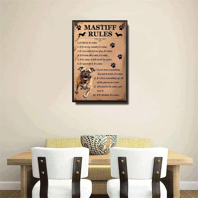 Metal Sign Tin Sign Vintage Wall Art Mastiff Rules Funny Garden Signs for Restaurant 12×16 Inches with Metal Frame