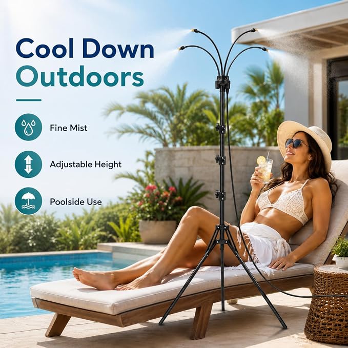 Upgraded Standing Misters for Outside Patio, 6FT Height Adjustable Outdoor Misting System, Portable Cooling Mister with Tripod, Brass Nozzles & 26FT Hose, Sprinkler for Tanning Backyard, Garden, Pets