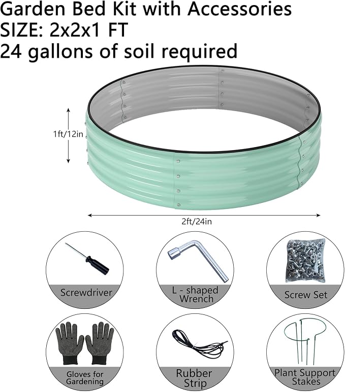 ZFHgarden Galvanized Metal Planter Round Raised Garden Bed Kit for Gardening Outdoor，2x2x1ft Grow Garden Box Raised Flower Bed，Round Galvanized Planter Outdoor Metal Fire Pit Ring Green