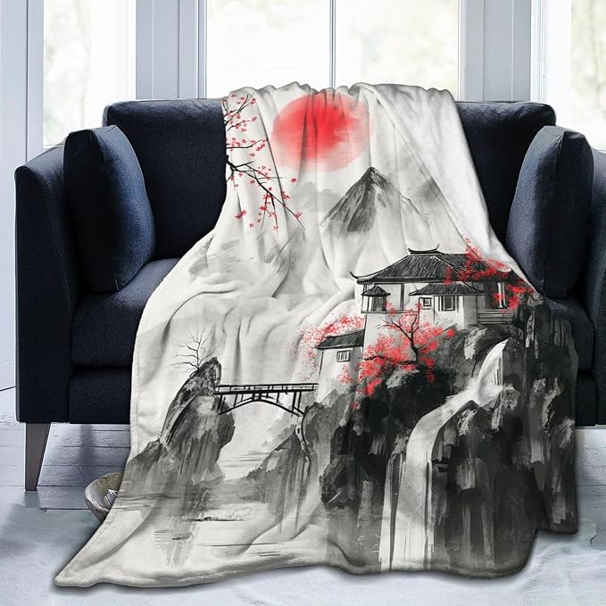 Japanese Throw Blanket Anime Cherry Blossom Gifts for Girls Women Men Boys Plush Cozy Flannel Fleece Fuzzy Landscape Blankets 50"X40"