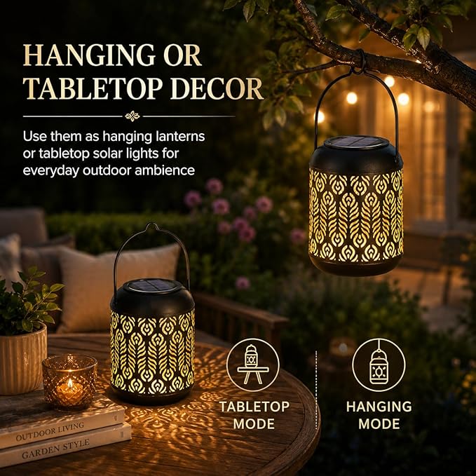 LeiDrail Solar Lanterns Outdoor Waterproof, 4 Pack Hanging Solar Lanterns with Feather Pattern, Metal Decorative Garden Lights, Warm White LED Solar Lights for Patio Yard Table Pathway Party Decor