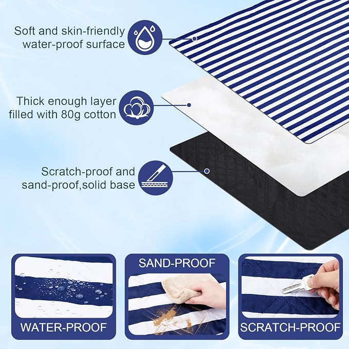 80" x 100" Extra Large Picnic Blankets Beach Mat Sandproof Waterproof Foldable Oxford Blue Strip Blanket Beach Mat Fall Picnic Stuff for Family Camping Hiking Party Park Travel Grass