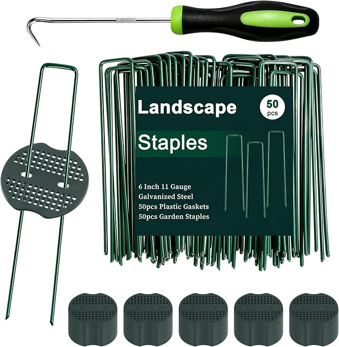 FEED GARDEN 6 Inch 50 Pcs Galvanized Landscape Staples 50 Pcs Gaskets Pick Hook Garden Stakes 11 Gauge Anti-Rust Landscaping Fabric SOD Pins U Shaped Yard Turf Stakes for Weed Barrier Fabric Green